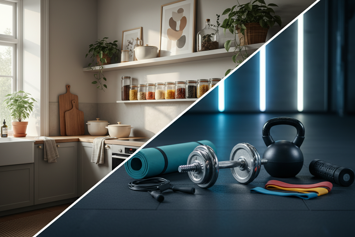 A high-quality diagonal split collage with two contrasting lifestyle scenes.
Left side: cozy household interior with neatly arranged kitchen and home items — wooden cutting boards, glass jars filled with spices, ceramic containers, indoor plants, framed wall art, natural textures, warm lighting, earthy tones, Scandinavian aesthetic.
Right side: modern fitness setup with workout accessories — dumbbells, kettlebells, resistance bands, yoga mats, foam rollers, jump rope, gym floor background, cool lighting, cl